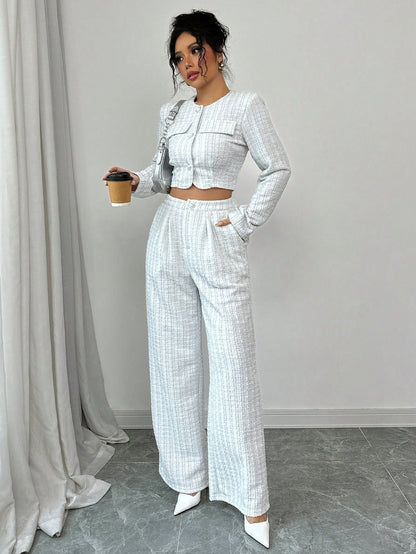 Spring And Autumn Long-sleeve Short-pants Suit, Tweed Short Jacket With Pearl Buttons, Elegant Round Neck Pearl Button Textured Jacket And Long Pants, Suitable For Commuting, Leisure, Dating, And Vaca