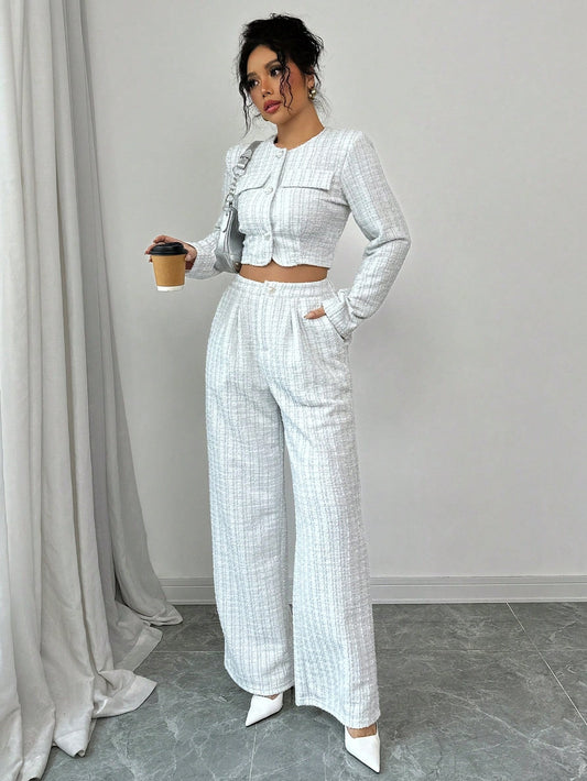Spring And Autumn Long-sleeve Short-pants Suit, Tweed Short Jacket With Pearl Buttons, Elegant Round Neck Pearl Button Textured Jacket And Long Pants, Suitable For Commuting, Leisure, Dating, And Vaca
