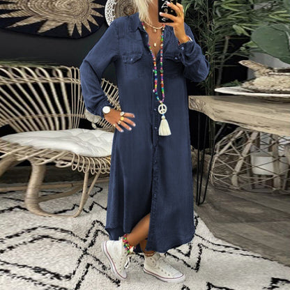 Explosive Denim Long Skirt New Shirt Collar Denim Casual Skirt Long Skirt
