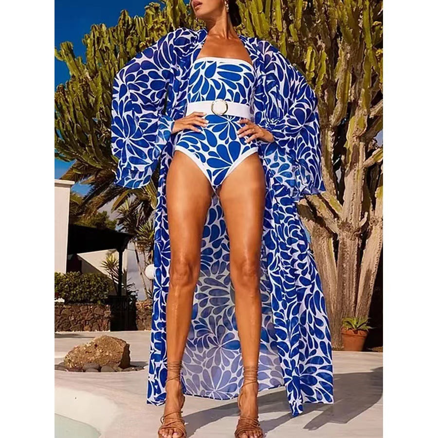 Printed One-piece Swimsuit Women's Long-sleeved Blouse