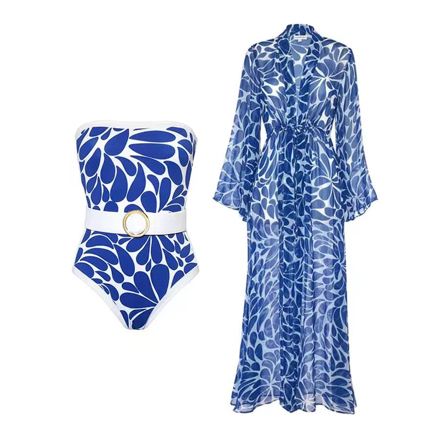 Printed One-piece Swimsuit Women's Long-sleeved Blouse