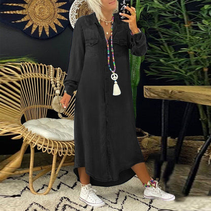 Explosive Denim Long Skirt New Shirt Collar Denim Casual Skirt Long Skirt